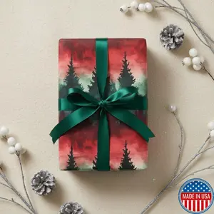 Forest Watercolor Gift Wrap: Red & Green Rustic Christmas Wrapping Paper Roll