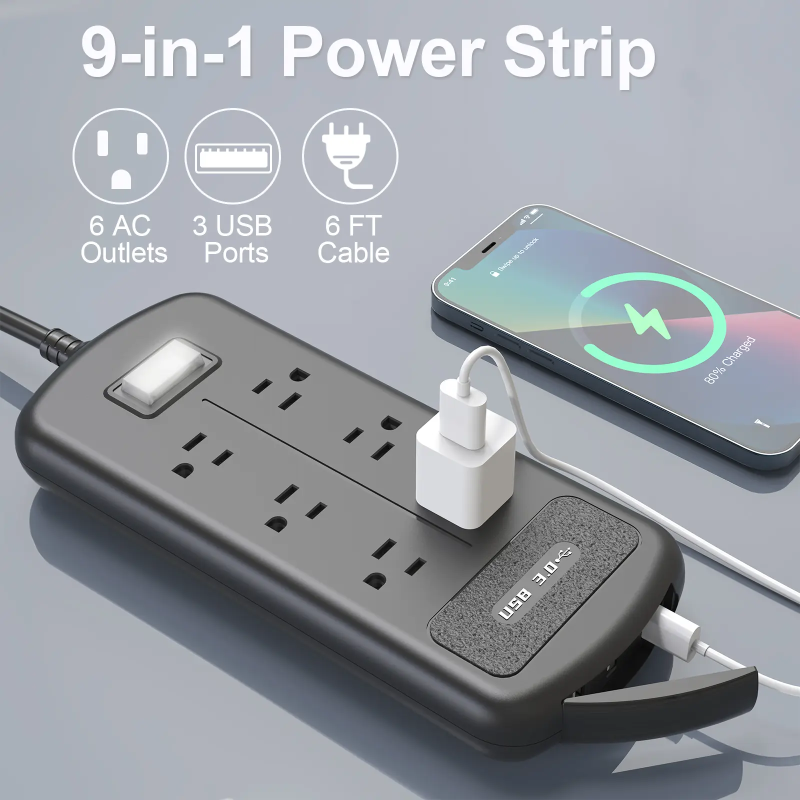 Waterproof Power Strip, 6 FT Extension Cord with 6 AC multiple Outlets 3 USB Ports, Wall Mountable Charging Station for Office, Home, Outdoors, FCC Listed