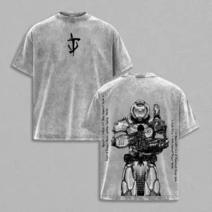 DOOM Eternal Slayer Warrior Prayer Pose Scene Game | Vintage Washed Graphic Tee | Oversized Heavyweight Game Shirt | Large Back Graphic | Dark Sci-Fi Combat Streetwear | High-Quality Cotton Fabric | Unisex Game Merch | Gift For Gamers