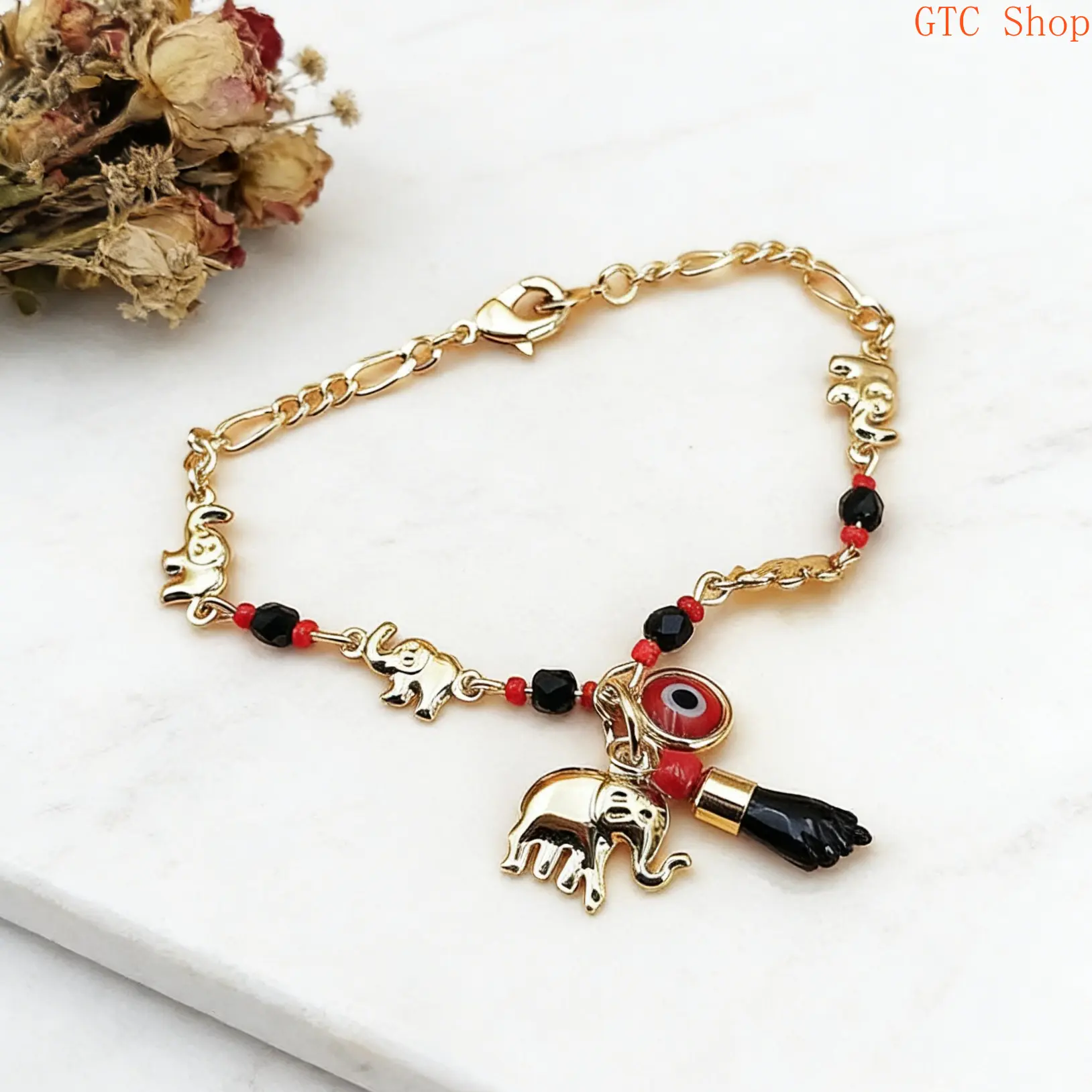 14K Real Gold Plated Elephant Evil Eye Bracelet & Anklet – Bohemian Boho Style Jewelry, Adjustable Fit, Hypoallergenic Comfort Wear, Delicate Charm Design, Perfect for Daily Stacking, Beach Outings, Festivals & Gifting for Her summerwins
