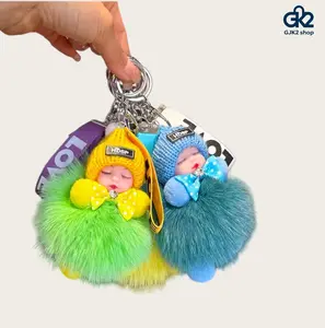 2Pcs Sleepy Doll Keychain, Faux Pom Pom Plush Doll Pendant, Cute Bag & Car Charm Ornament