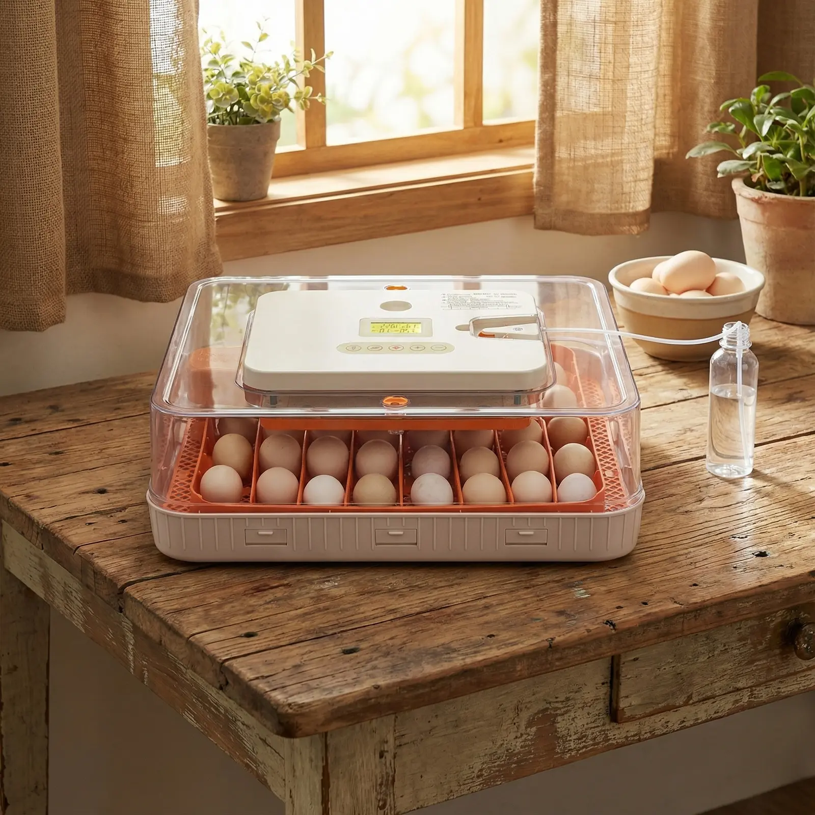 56-Egg Fully Automatic Incubator 110V 85W, Auto Turner, Upgraded LED Candler, Auto Temp & Humidity Control (°F Display), ABS+PET Orange-White Body with Clear Lid, Multi-Function Strip Egg Tray (US Plug) for Home Use Home House
