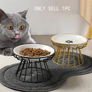 Raised Bowl for Cats, 1 Set Fishbone & Cat Paw Pattern Pet Ceramic Bowl with Iron Stand, Pet Feeding Supplies, Dog & Cat Accessories, Pet Accessories