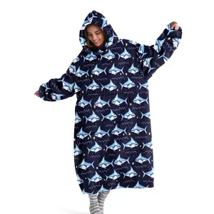 Shark Print Wearable Blanket with Hoodie, Cozy Hooded Blanket, Soft Warm Oversized Throw for Sofa Home Office Camping Travel, Perfect Gift Idea