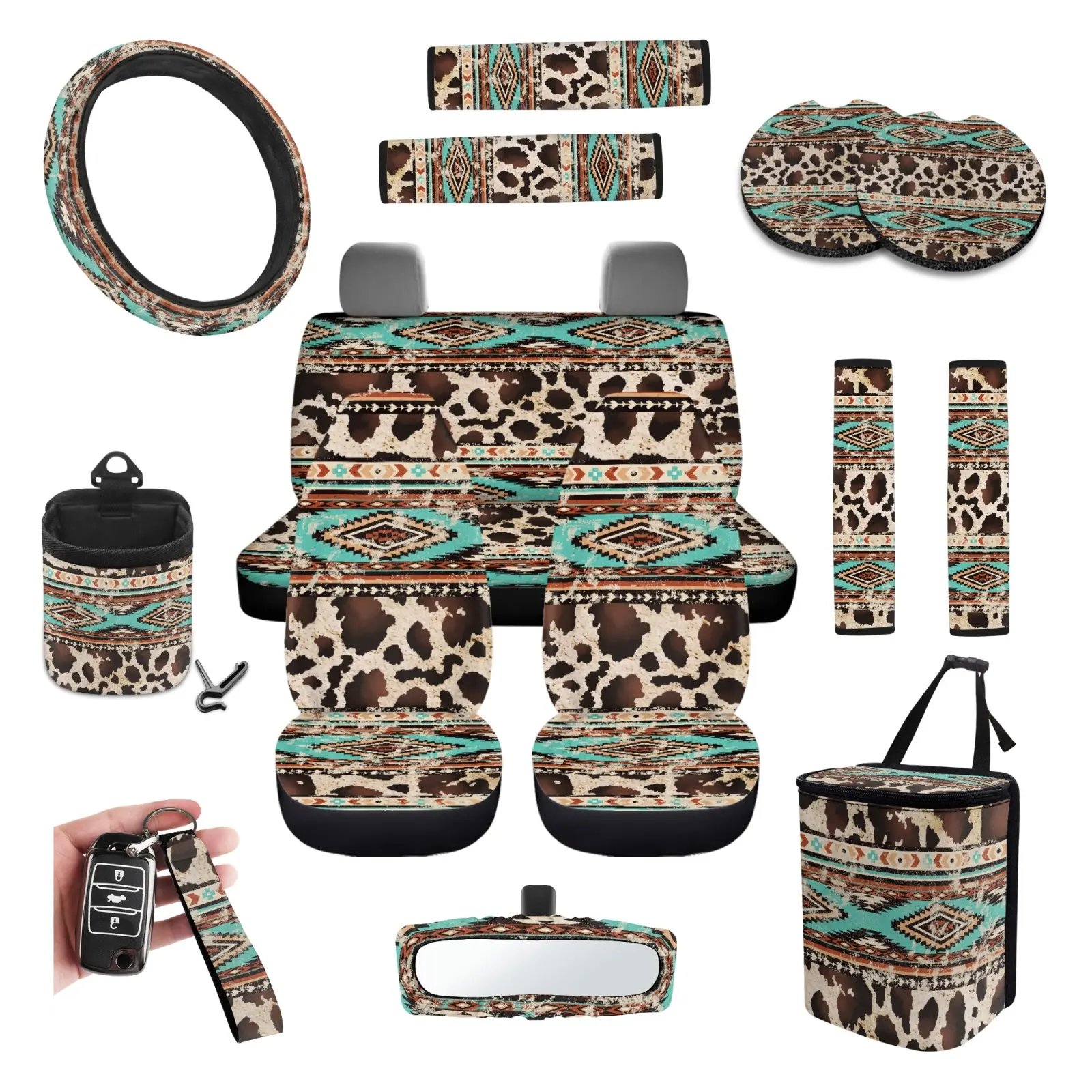 Aztec Tribal Cow Print Car Seat Covers Full Set Western Cowgirl Car Interior Accessories, Universal Seat Protector Shields Factory Seats From Mud Sweat Stains & Outdoor Grime, Airbag Compatible For Pickup Truck SUV Sedan, Turn Plain Car Interior