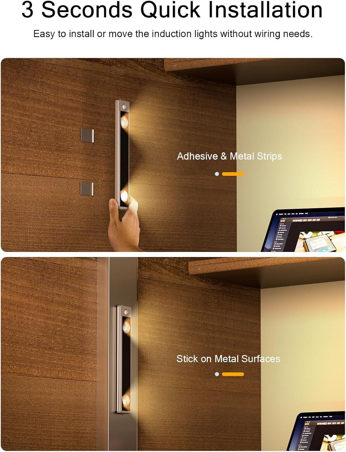 LED Motion Sensor Light, Under-Cabinet Lighting, Wireless USB Rechargeable Kitchen Night Lights, LED Lights for Wardrobe, Closets, Cabinets, Cupboards, Vanity Mirrors, 2 Count.