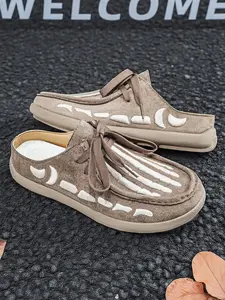 Men's Skull Embroidered Half Slip-On Sneakers, Thick Sole Casual One-Step on Streetwear Sandals, Sizes 39-46, Textile Upper, PVC Sole