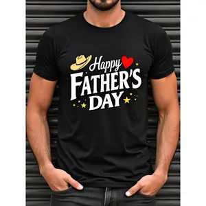 Men's Funny Happy Father's Day T-Shirt - Black with White & Golden Print, Short Sleeve Casual Shirt, Gift for Dad with, Stars & Hat Heart Design, Machine Washable Round Neck Tee for or Father's Celebration