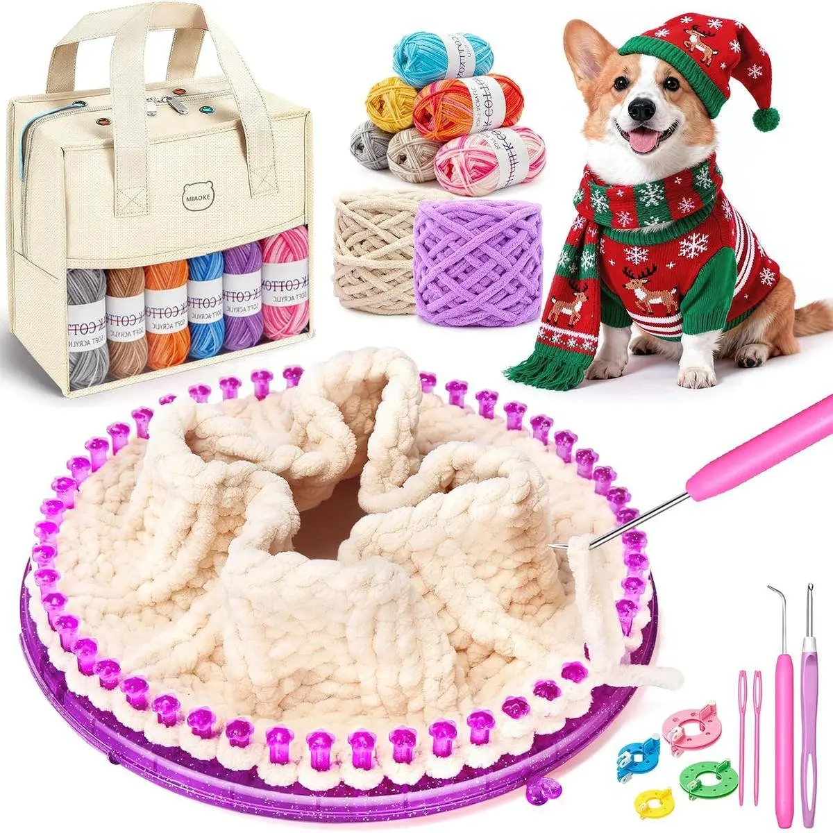 Weaving Loom Kit, Knit Hat Scarf Knitting Loom Kit, Includes Storage Bag, Binding Needles, Yarn and Crochet Hooks, Perfect for Making Scarves, Hats, DIY Craft Kit for Beginners
