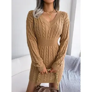 Women's Cozy V-Neck Cable Knitting Lady Dress, Fitted Casual Longsleeves Soft Textured Drop-Shoulder Dress for Fall-Winter