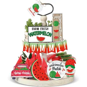 13 Pcs Summer Watermelon Tiered Tray Decor Set Farmhouse Rustic Wooden Red Gnome Table Signs for Home Kitchen Hawaii Table Decoration