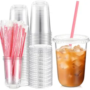 50 Sets Clear Plastic Cups with Heart Shaped Pink Straws and Lids, Disposable Iced Coffee Cups Drinking Pet for Cold Drinks, Valentine's Galentine's Day Bridal Baby Showers Party(Clear,16 oz)valentine's day decor