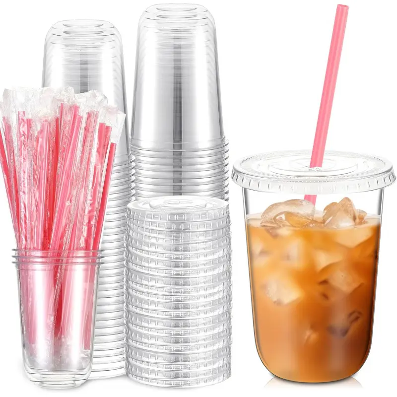 50 Sets Clear Plastic Cups with Heart Shaped Pink Straws and Lids, Disposable Iced Coffee Cups Drinking Pet for Cold Drinks, Valentine's Galentine's Day Bridal Baby Showers Party(Clear,16 oz)valentine's day decor