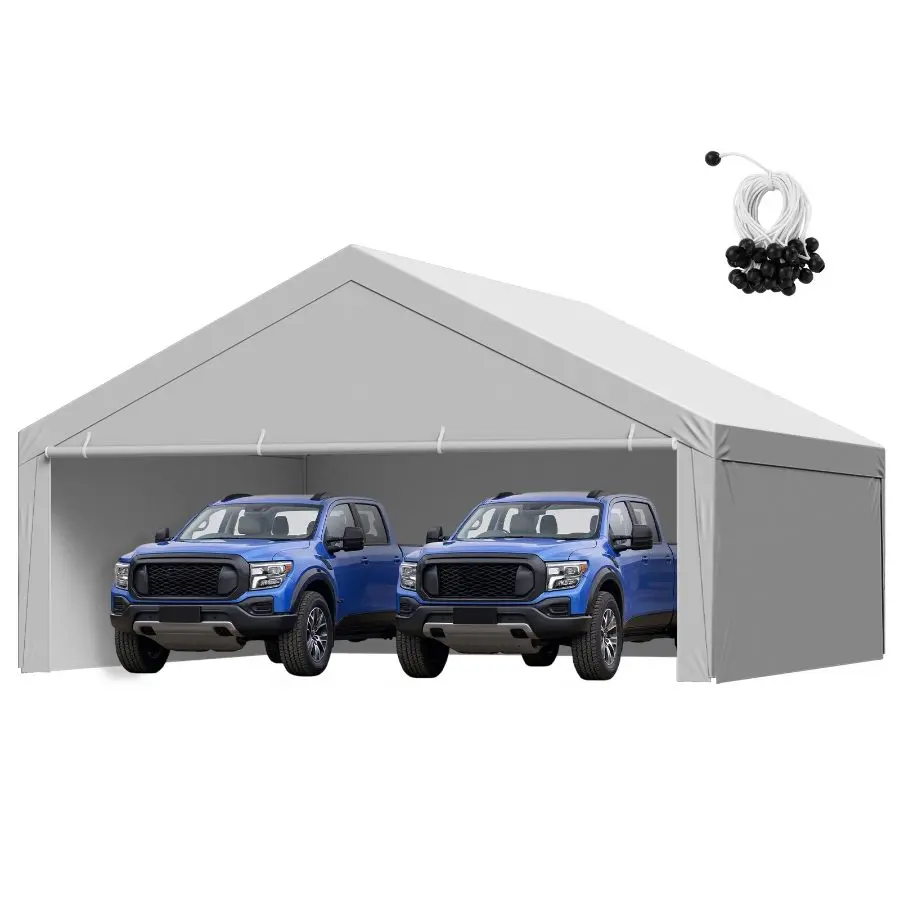 VEVOR Carport Replacement Canopy, 20x20 ft Portable Garage Tent Top Tarp with Sidewalls, UV-Resistant Waterproof Heavy-Duty Car Shelter Tarp with Ball Buggies, Grey, Frame Not Included