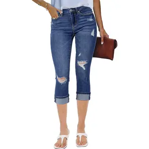 2025 Women Stretch High Waisted Distressed Denim Capris Ripped Skinny Cropped Pants