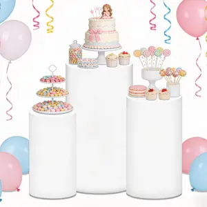 Set of 3 White Spandex Cylinder Pedestal Covers Elastic Fabric Pillar Cover for Party Wedding Ceremony Dessert Tables Round Plinth Display Stand Decor