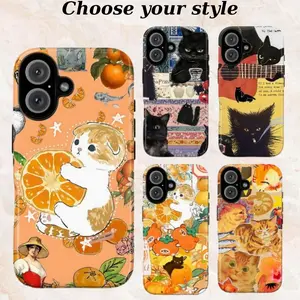 Cute Orange Cat Tough Phone Case – Whimsical Kitty & Citrus Aesthetic Art Phone Cover For Iphone 17/16/15/14/13/12/11 Plus Pro Max Mini Playful Cat Illustration