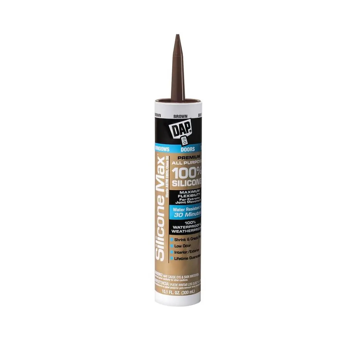 Dap Silicone Max Sealant - 10.1 oz Brown Low Odor 100% Silicone Adhesive, 100% Waterproof, Flexible All-Surface Weather Sealing Solution for Doors, Windows, Exterior (40 to 120°F)