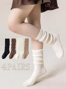 4 Pairs Children Socks, Girls Stacked Socks Spring Fall Maroon Color Leggings, Vintage Winter Mid-Calf Long Tube Socks