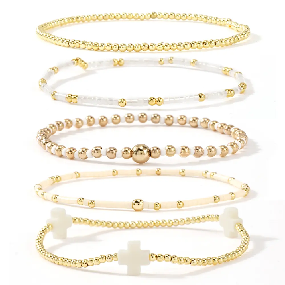 SHINUS BOHO Bracelet Stack for Women, 5-Piece Bohemian Layered Set with Colorful African Vinyl Beads and Gold-Plated Cross Charm, Stretch Beach Jewelry, Jewelry For Women, Teenage Girls Gifts