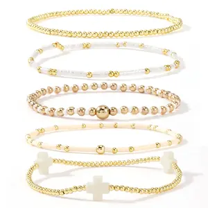 SHINUS BOHO 5Pcs Gold Plated Cross Beaded Bracelets Stack Set for Women,Stretch Stackable Boho Colorful Beads Ball Jewelry Friendship Summer Daily Wear Trendy