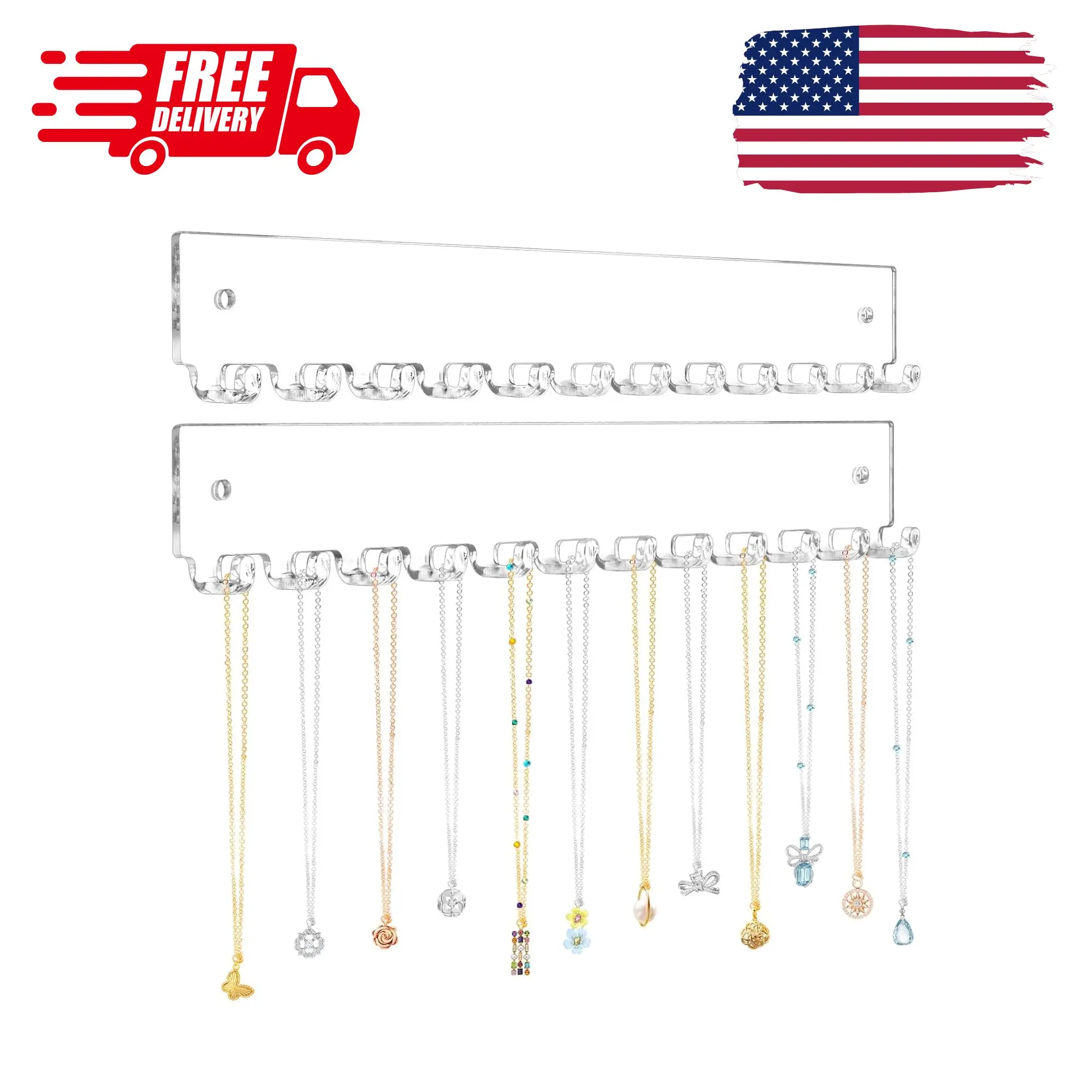 Acrylic Necklace Holder 2 Pack Wall Mounted Necklace Organizer Hanging Jewelry