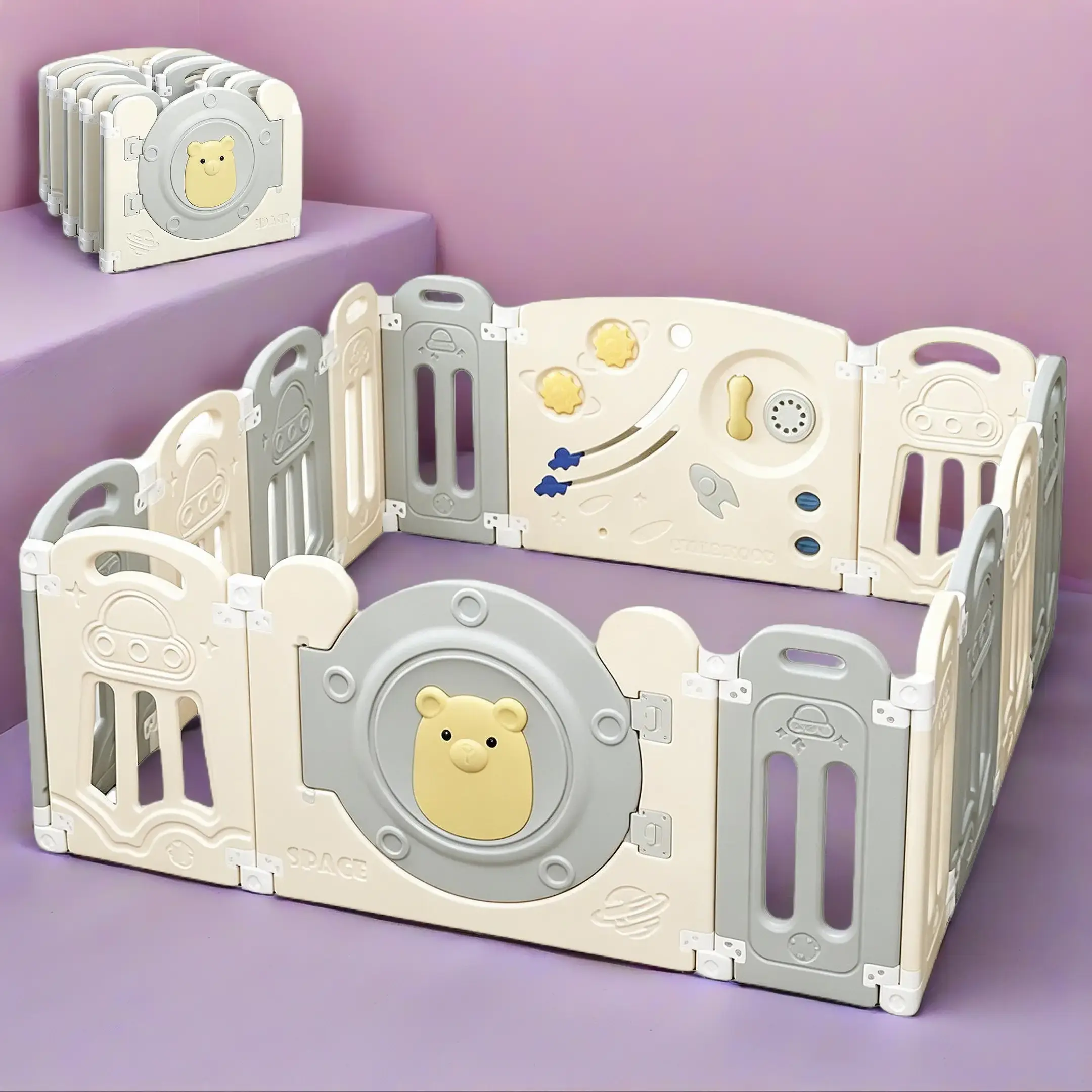Gray White Plastic Baby Playpen - 14-Panel, Portable, Pre-Assembled with Lock System Door, Rounded Edges, Adjustable Game Panel, Foldable Toddler Safety Fence Activity Centre for Indoor & Outdoor Use