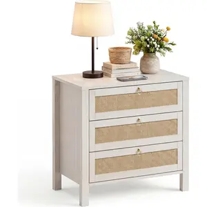 White Nightstand, Rattan Bedside Table with Golden Handle, 3 Drawers Nightstands, Large Wicker Side Table, Boho Wood Night Stand for Bedroom, Living Room