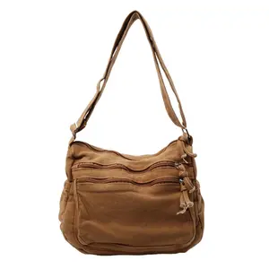 SleekHush Retro distressed simple shoulder handbag, multi-zipper layered design, adjustable wide shoulder strap, versatile workwear style, practical shoulder messenger bag for daily commuting and outdoor activities, Casual Crossbody Bag