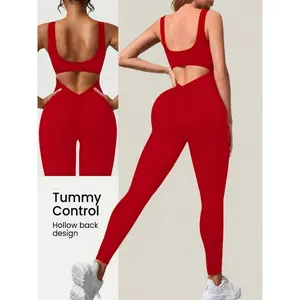 Women's High-Waisted Backless Yoga Jumpsuit - Red U-Neck Sleeveless Bodycon Romper with Tummy Control & Hollow Back Design for Sports & Fitness, Workout Wear | Sleek Formfitting | Highelasticity Fabric two  piece  pants  set summer casual bike lantern