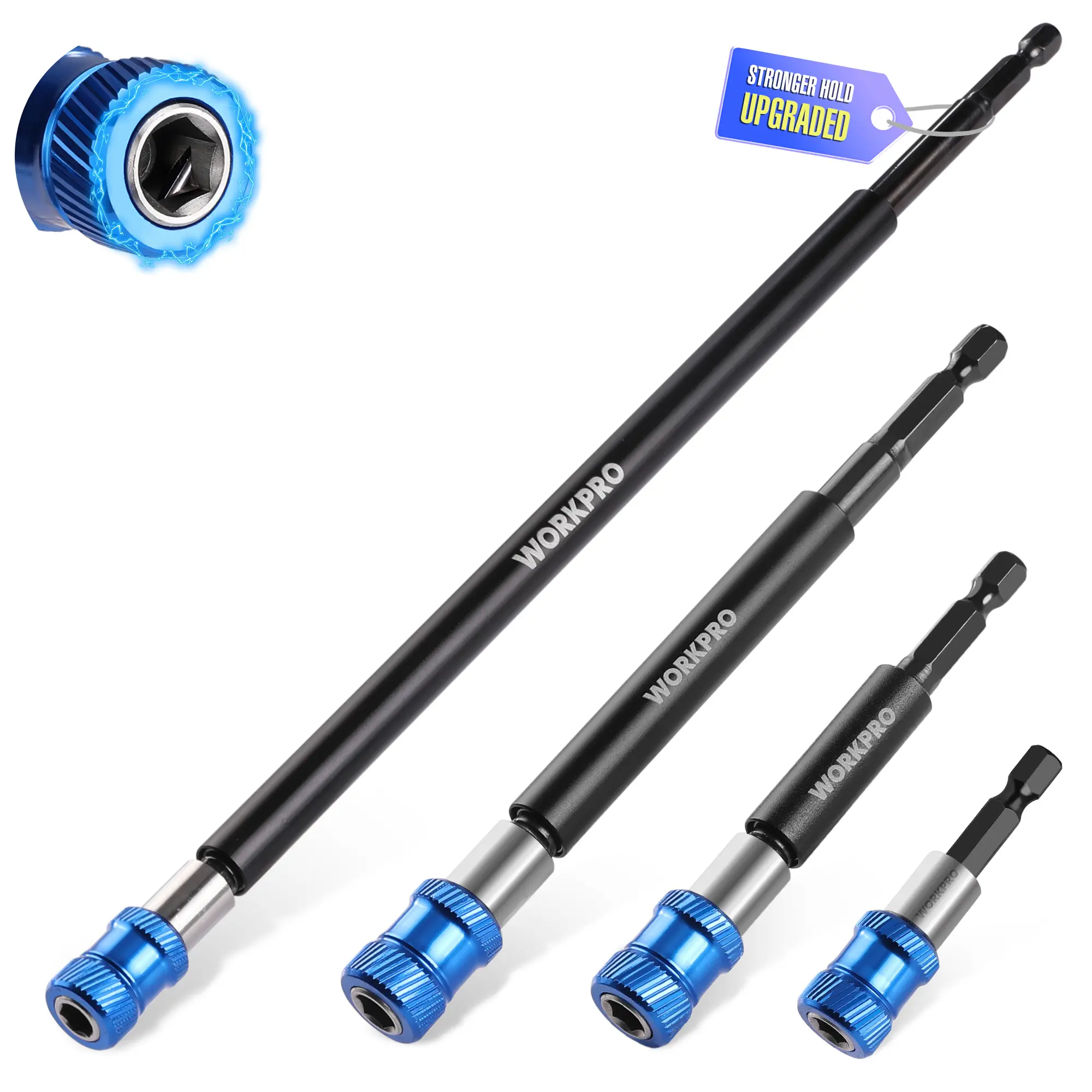 WORKPRO 4-Piece Drill Bit Extension Set, 2-3/8", 4", 6", 12", Magnetic Drill Screwdriver Bit Holder Extender with Aluminum Sleeve, 1/4 Inch Hex Quick Release Bit Holder for Drill