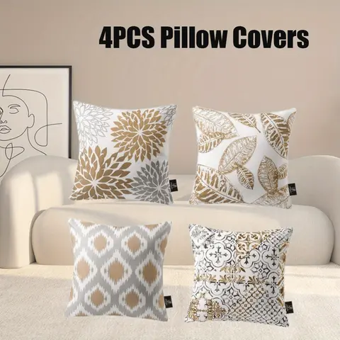 4-Pcs Soft Linen Floral Print Replacement Cushion Covers with Discreet Zipper - Durable and Easy Care, Machine Washable, Patio-Ready, Clean Look, Modern Touch, Refresh Beds, Sofas, Offices, Bedroom (Pillows Not Included)