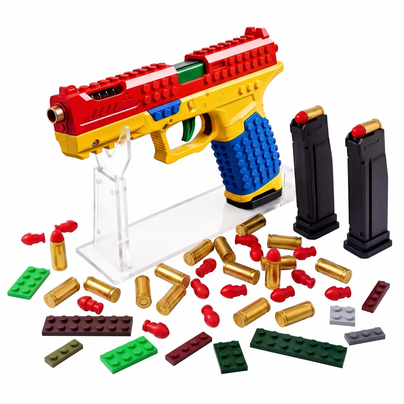 Automatic Shell-Ejecting Building Block Toy Gun – 2 Mags, 100 Soft Bullets, 18 Shells, 16 Bricks, Display Stand | Fun Shooting Toy for Kids, Great Gift for Christmas, Birthday, Halloween