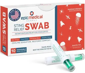Sting Relief Swab – Instant Mosquito Bite Relief & Bug Bite Relief – Max Strength Benzocaine & Menthol – 10 Disposable Swabs for Insect Bites, Bee Stings, Jellyfish & More