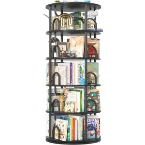 5 Tier Rotating Bookshelf Tower, 360 Display Spinning Bookcase, Revolving Round Book Shelf Narrow Swivel Bookshelf, Vertical Turning Spiral Corner Book Organizer for Small Space, Black