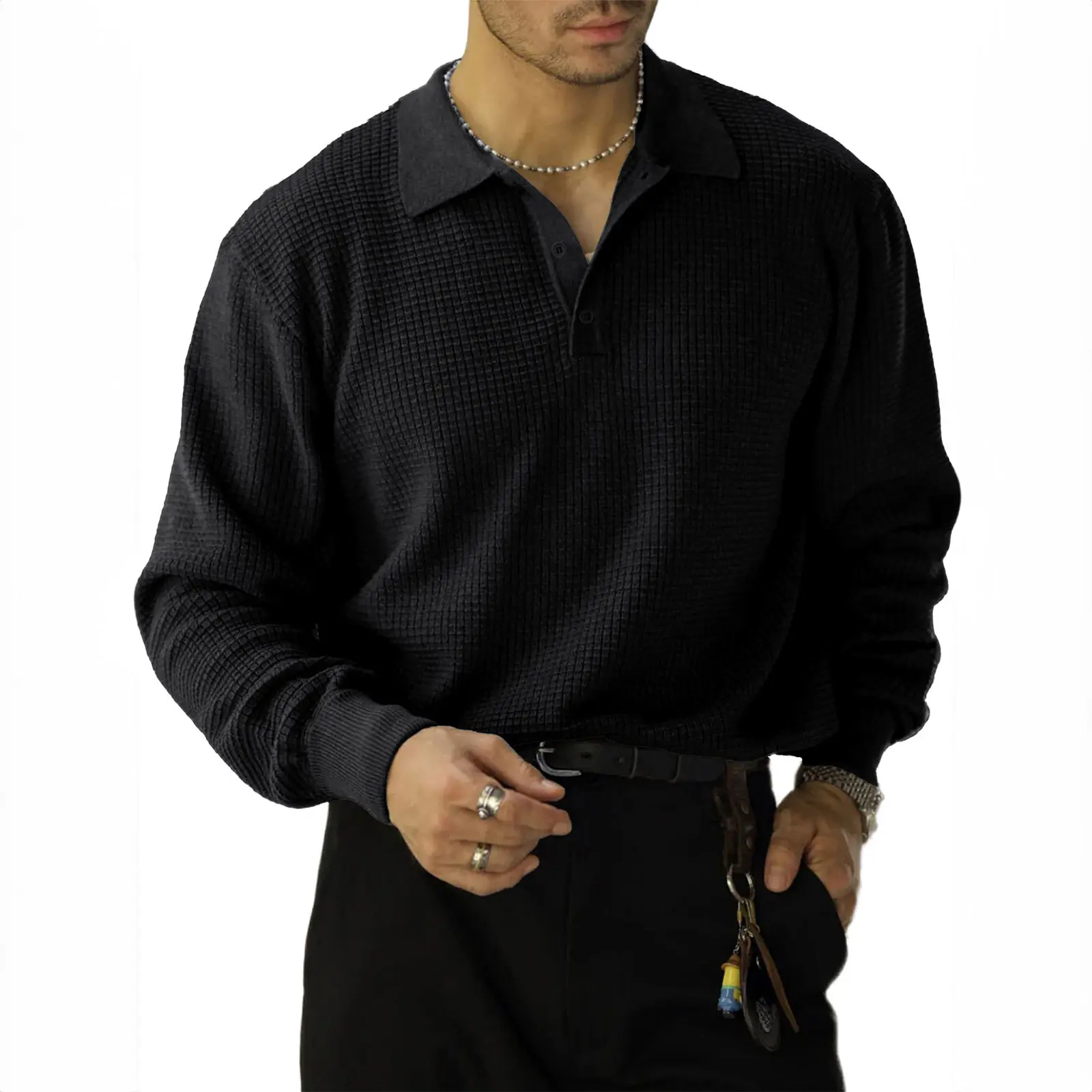 JMIERR Mens Waffle Knit Sweaters Textured Long Sleeve Collared Dress Polo Sweater Pullover