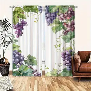 2 piece set, polyester grape pattern printing, high definition digital printing, filter curtain, rod bag design, suitable for bedroom, living room, office, home decoration, modern style, brushed fabric, machine washable, art theme, no tether, no fading