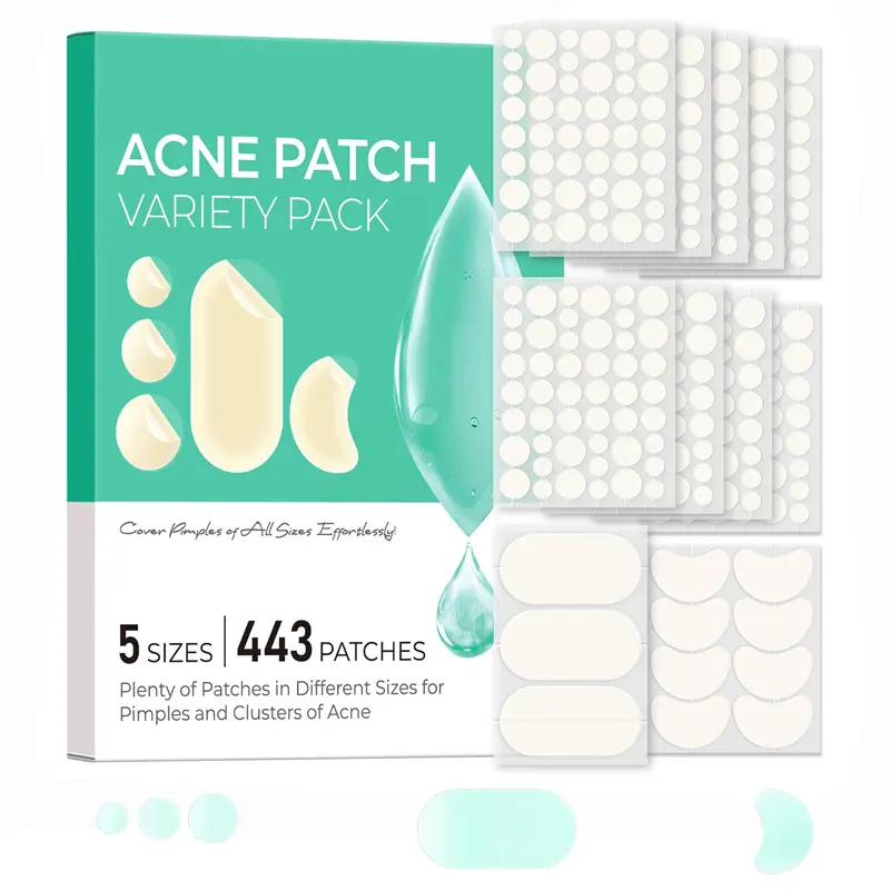 443 Pcs Hydrocolloid Pimple Patches Bulk Pack, 5 Sizes Acne Patches for Face & Body, 60% More Gunk Absorbing Strength, Fragrance Free Non-Irritating Zit Patches for Whiteheads Breakouts Sensitive Skin