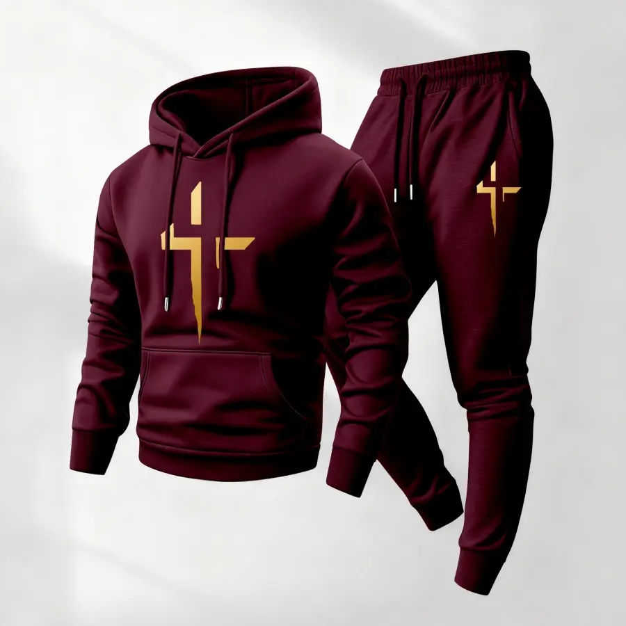 Men's Casual 2-Piece Tracksuit, Golden Cross Print Long Sleeve Hoodie and Sweatpants, Loose-Fit Polyester Athleisure Wear, Hoodie/Jumper, Fashion, Mensfashion, Male, Machine Washable, Loose-Fit Cut, Casual Outings, Normal Type, 3Xl, 2Xl, Universal