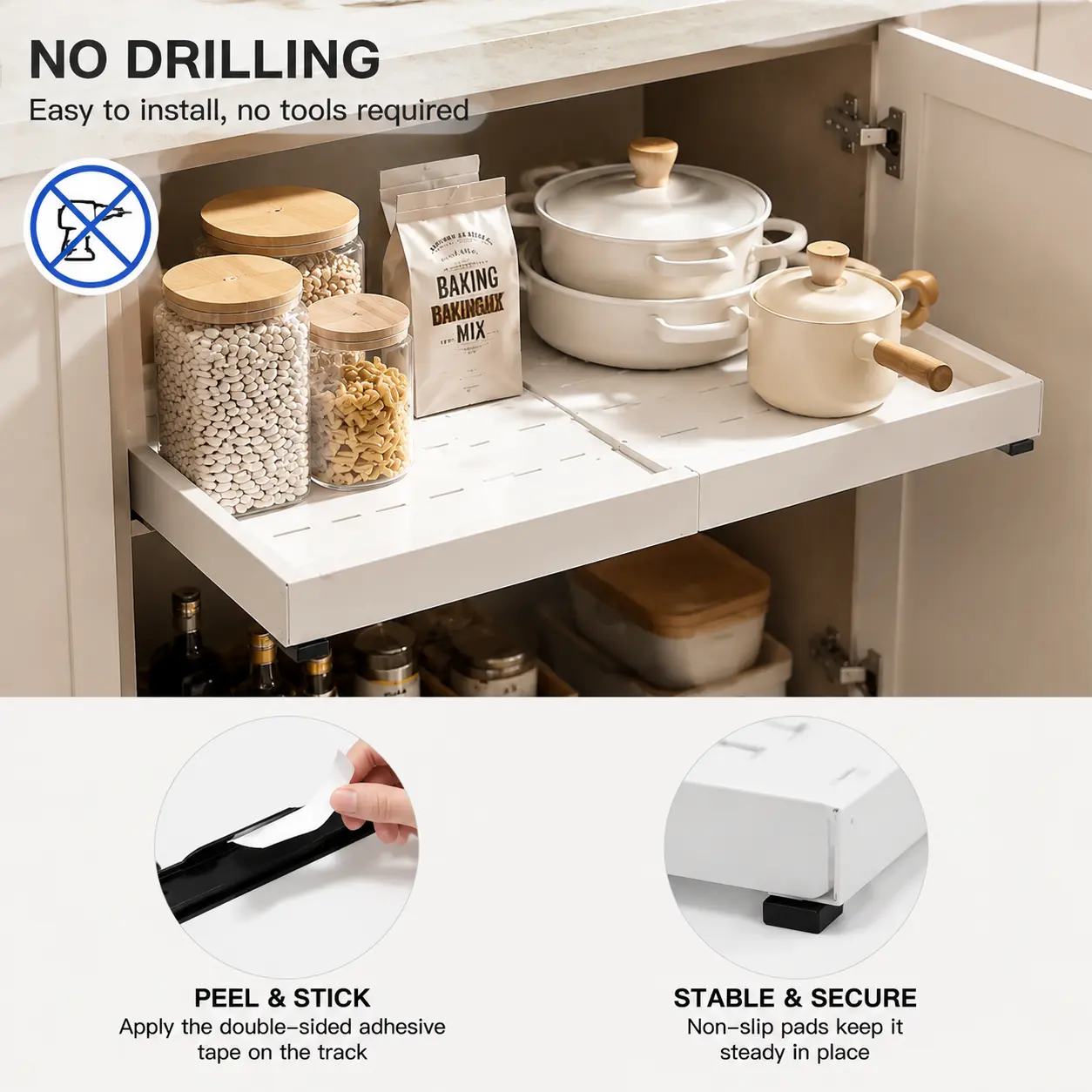 Adjustable Organizer Set - Pullout 12-18" W Expandable Fit Roll Out Drawer, No-Drill Adhesive or Screws Shelf with 3 Rails, Heavy-Duty Home Storage Rack for Kitchen Pots and Pans Organization (14-24" D)