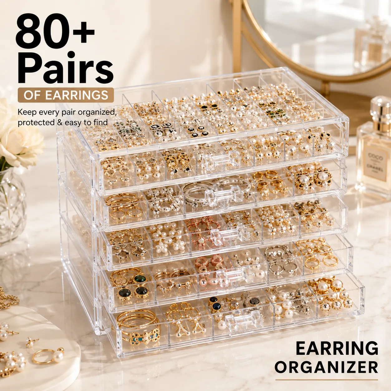 Clear Acrylic Earring Organizer with 5 Drawers, Large Capacity Storage Box for Stud Earrings, Hoop Earrings, Rings & Small Accessories, jewelry box