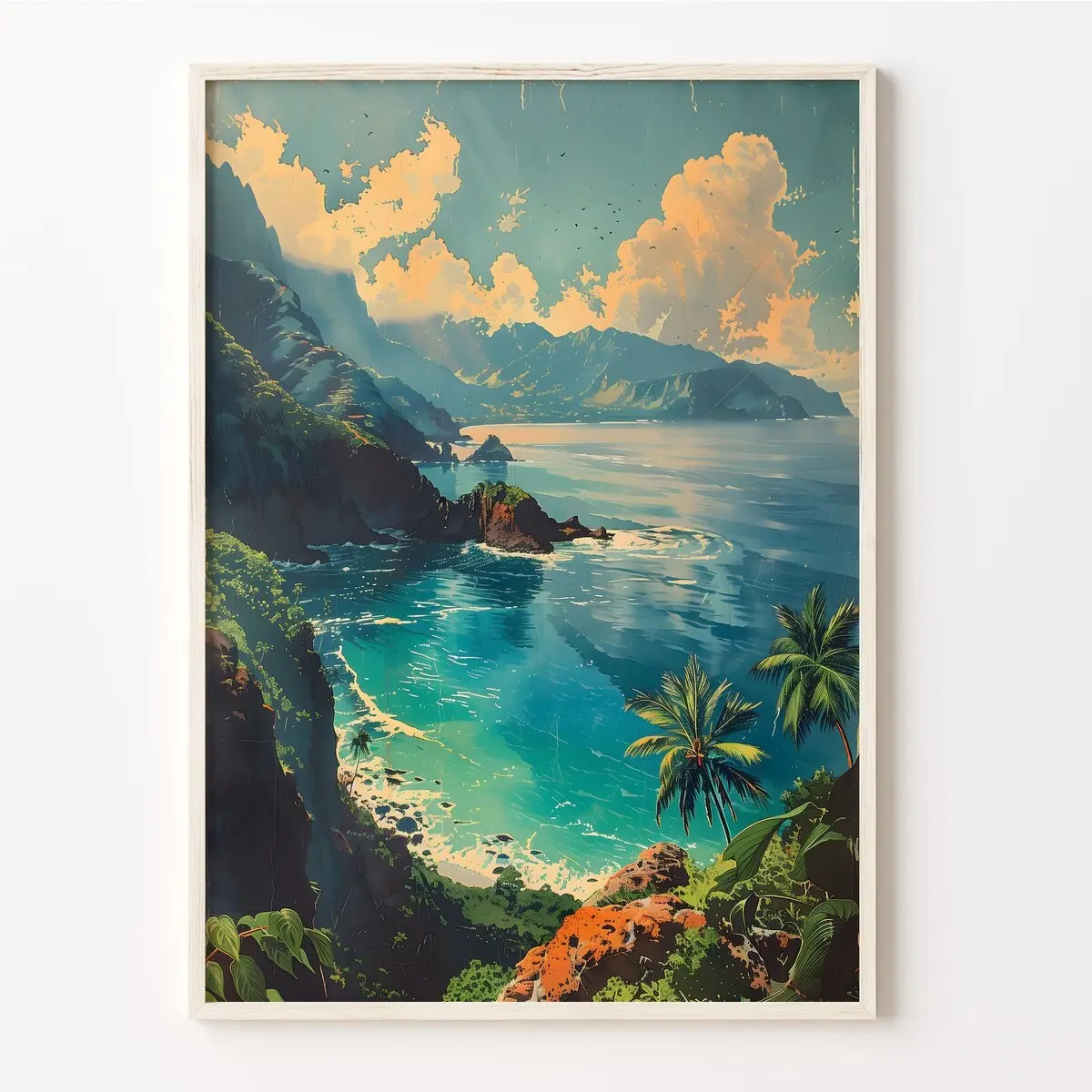 Kauai Coast Painting | Tropical Hawaii Travel Poster | Scenic Island Wall Art Print, Unframed