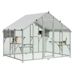 95" Extra Large Walk-in Metal Catio, Waterproof Cover, 2 Resting Boxes & 7 Platforms, for Multiple Cats, Feral Cat Shelter, Chicken Run Coop