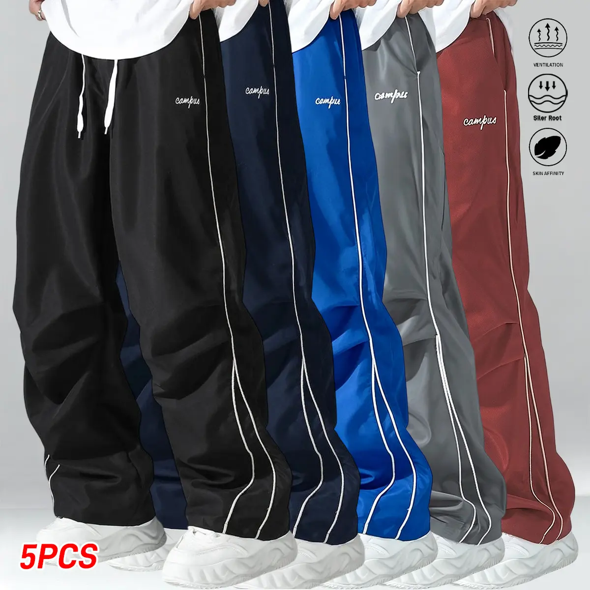 Set of 5 men’s casual long pants, drawstring elastic-waist sports pants, solid color design, fashionable casual athletic pants, suitable for everyday wear, men’s long pants, menswear
