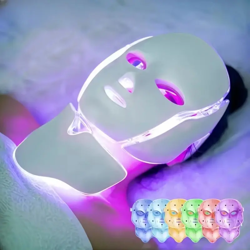 LED Facial Light Therapy Mask, 7 LED Lights for Skin Care, Hot Compress Function, Photon Therapy Device, Home Use Beauty Tool, Facial Care Instrument, Led Photorejuvenation Mask, Skin Care Tools