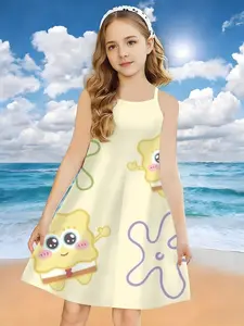 Girls' camisole dress "Q-version SpongeBob Cute Style" - light yellow base with cartoon prints, sweet and soft, perfect for creating a great atmosphere for seaside vacations or daily outings.