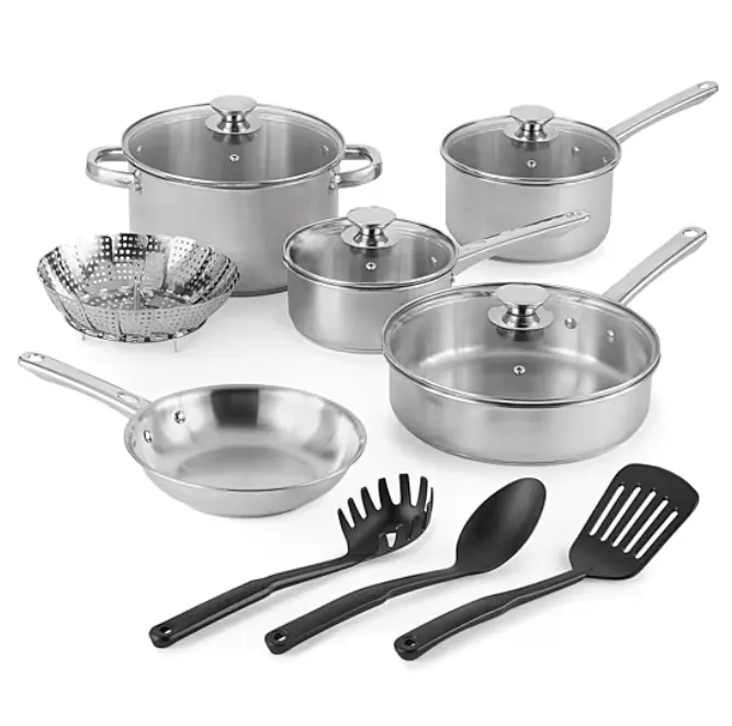 Cooks Stainless Steel Cookware Set 13 Piece, Professional Kitchen Pots and Pans Set with Fry Pan, Saucepans, Stock Pot, Dutch Oven, Glass Lids, Even Heat Distribution, Induction Ready, Dishwasher Safe, Silver