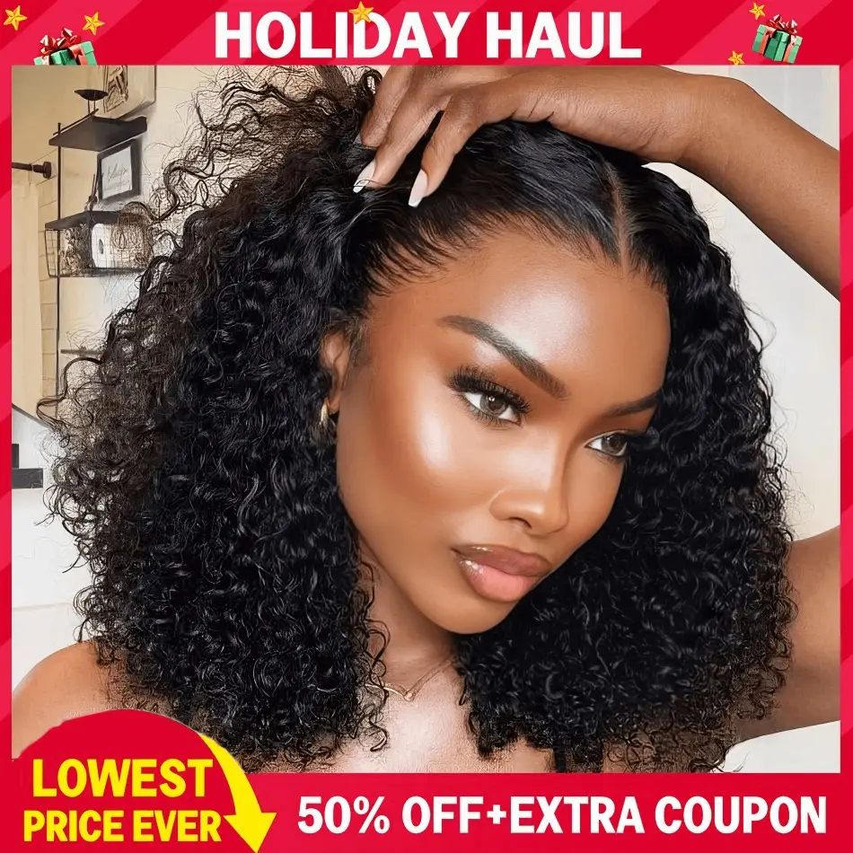 VRbest Glueless Wigs Short Bob Ready to Wear Water Wave Wigs Human Hair 5x5 Lace Closure Wig Pre Cut Lace Pre Plucked Curly Human Hair Wig 180% Density for Women FallFreshness