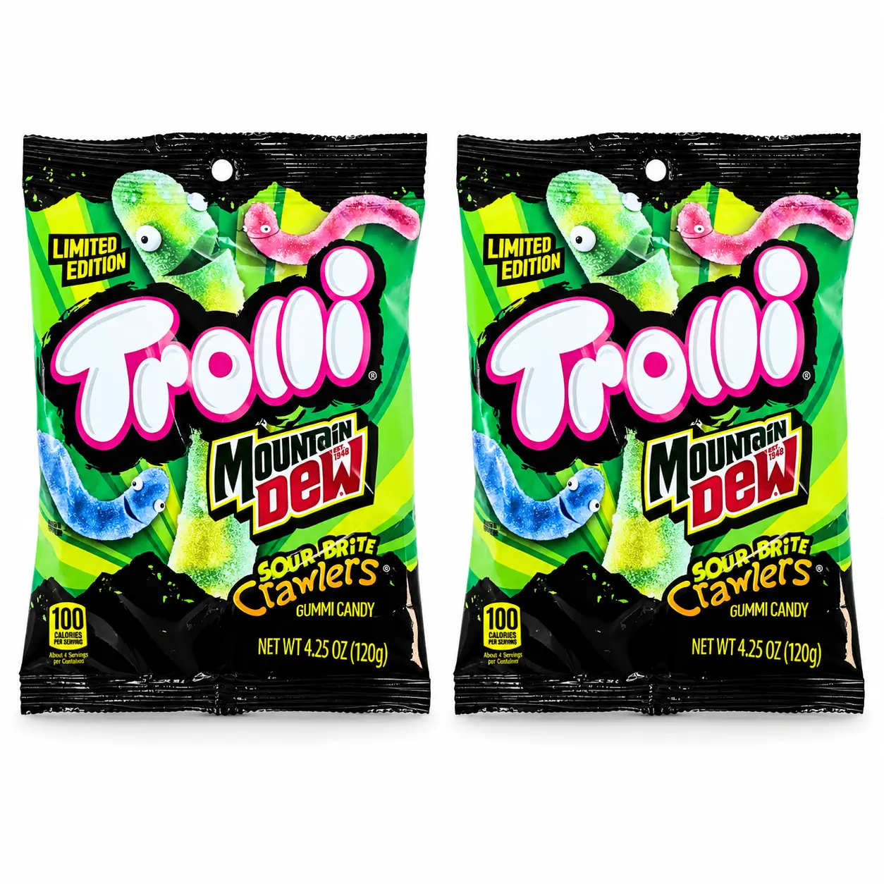 Trolli Mountain Dew Sour Brite Crawlers, 4.25 oz Bags | 2, 4, 6 or 12 Pack