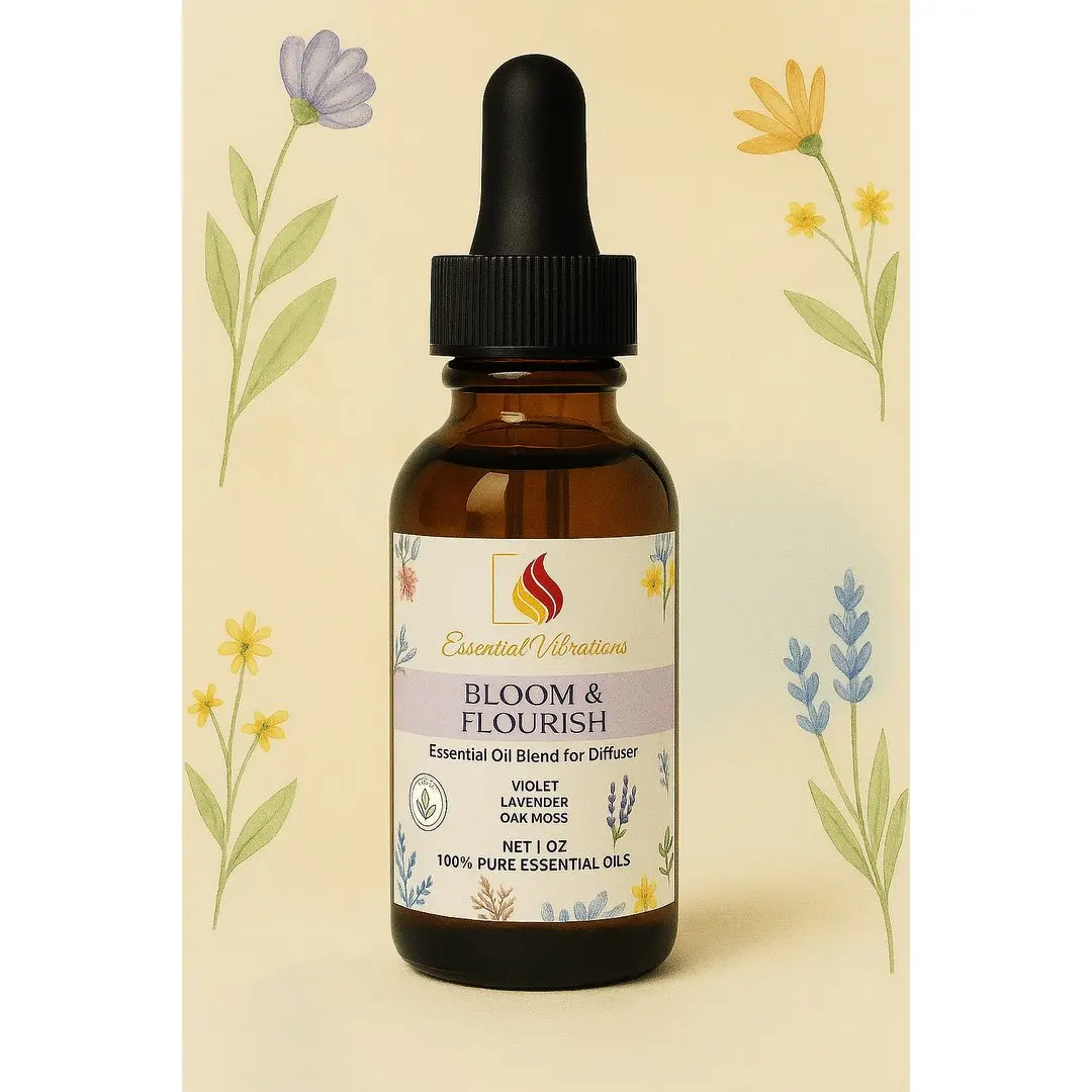 Essential Vibrations Bloom & Flourish Essential Oil Diffuser Blend - 100% Pure Lavender Violet Oak Moss for Self-Reflection & Inner Peace